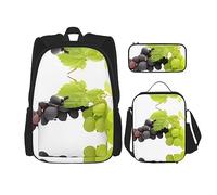 vacsAX Blue Shining Stars Mochila impermeable ligera (juego de 3 piezas) con bolsa de almuerzo, estuche para lápices para oficina y escuela, Uvas moradas y verdes, Talla única