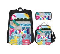 vacsAX Blue Shining Stars Mochila impermeable ligera (juego de 3 piezas) con bolsa de almuerzo, estuche para lápices para oficina y escuela, Flamenco y Piscina, Talla única