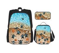 vacsAX Blue Shining Stars Mochila impermeable ligera (juego de 3 piezas) con bolsa de almuerzo, estuche para lápices para oficina y escuela, Tortugas en la playa, Talla única