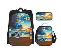 vacsAX Blue Shining Stars Mochila impermeable ligera (juego de 3 piezas) con bolsa de almuerzo, estuche para lápices para oficina y escuela, Playa del atardecer, Talla única