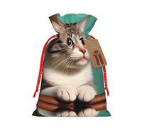 vacsAX Bolsa de regalo de Navidad con cierre de cordón, ligera, bonito diseño, perfecta para cumpleaños y fiestas, un gato curioso