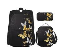 vacsAX Cow Spot - Mochila ligera impermeable (juego de 3 piezas) con bolsa de almuerzo, estuche para lápices para oficina y escuela, Oro Blanco Mariposas Negro, Talla única