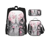 vacsAX Cow Spot - Mochila ligera impermeable (juego de 3 piezas) con bolsa de almuerzo, estuche para lápices para oficina y escuela, Paris Street Torre Eiffel Rosa Floral, Talla única