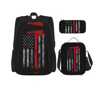 vacsAX Cow Spot - Mochila ligera impermeable (juego de 3 piezas) con bolsa de almuerzo, estuche para lápices para oficina y escuela, Bandera de línea roja con hacha de bombero, Talla única