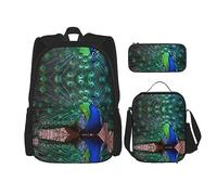 vacsAX Cow Spot - Mochila ligera impermeable (juego de 3 piezas) con bolsa de almuerzo, estuche para lápices para oficina y escuela, Hermoso pavo real, Talla única