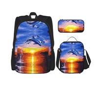 vacsAX Elegant Dolphin - Mochila ligera e impermeable (juego de 3 piezas) con bolsa de almuerzo, estuche para oficina y escuela, Delfín elegante, Talla única