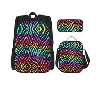 vacsAX Elegante mochila impermeable ligera de delfín (juego de 3 piezas) con bolsa de almuerzo, estuche para lápices para oficina y escuela, Colorida cebra arcoíris, Talla única