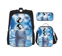 vacsAX Elegante mochila impermeable ligera de delfín (juego de 3 piezas) con bolsa de almuerzo, estuche para lápices para oficina y escuela, Lindos pingüinos bebé tomando fotos, Talla única