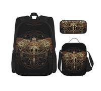 vacsAX Elegante mochila impermeable ligera de delfín (juego de 3 piezas) con bolsa de almuerzo, estuche para lápices para oficina y escuela, Libélula, Talla única