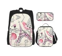 vacsAX Estatua de la Libertad en Nueva York Mochila impermeable ligera (juego de 3 piezas) con bolsa de almuerzo, estuche para lápices para oficina y escuela, Romántica Torre Eiffel de París, Talla