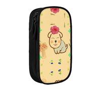 vacsAX Estuche de lona con diseño de flor pequeña con bonito perro, estuche para lápices con cremallera, doble capa, gran capacidad, caja organizadora, Black, Talla única, Organizador de bolsas