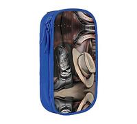 vacsAX Estuche organizador de lona con cremallera de doble capa de gran capacidad, diseño de botas occidentales, con sombrero de vaquero, color negro, Blue, Talla única, Organizador de bolsas