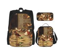 vacsAX Flying Owl - Mochila impermeable ligera (juego de 3 piezas) con bolsa de almuerzo, estuche para lápices para oficina y escuela, Pollos de granja, Talla única