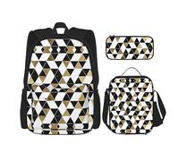 vacsAX Flying Owl - Mochila impermeable ligera (juego de 3 piezas) con bolsa de almuerzo, estuche para lápices para oficina y escuela, Triángulos modernos de oro blanco y negro de moda, Talla única