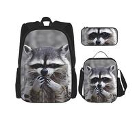 vacsAX Flying Owl - Mochila impermeable ligera (juego de 3 piezas) con bolsa de almuerzo, estuche para lápices para oficina y escuela, Bonito mapache., Talla única