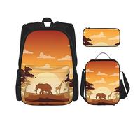 vacsAX Flying Owl - Mochila ligera e impermeable (juego de 3 piezas) con bolsa de almuerzo, estuche para oficina y escuela, Elefante y jirafa al atardecer, Talla única