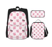 vacsAX Helm of awe - Mochila impermeable ligera (juego de 3 piezas) con bolsa de almuerzo, estuche para lápices para oficina y escuela, Divertida cara de cerdo rosa, Talla única