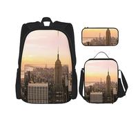 vacsAX Helm of awe - Mochila impermeable ligera (juego de 3 piezas) con bolsa de almuerzo, estuche para lápices para oficina y escuela, Edificio Empire State, Talla única