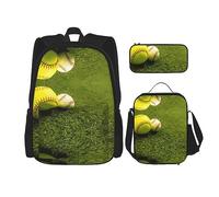 vacsAX Helm of awe - Mochila impermeable ligera (juego de 3 piezas) con bolsa de almuerzo, estuche para lápices para oficina y escuela, Hierba Béisbol Soft, Talla única