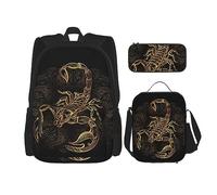 vacsAX Isla con playa de arena y palmera, mochila impermeable ligera (juego de 3 piezas) con bolsa de almuerzo, estuche para lápices para oficina y escuela, Escorpión dorado, Talla única