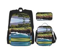 vacsAX Isla con playa de arena y palmera, mochila impermeable ligera (juego de 3 piezas) con bolsa de almuerzo, estuche para lápices para oficina y escuela, Campo de golf Hawaii Beach, Talla única