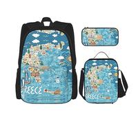 vacsAX Isla con playa de arena y palmera, mochila impermeable ligera (juego de 3 piezas) con bolsa de almuerzo, estuche para lápices para oficina y escuela, Grecia Mapa, Talla única, moderno