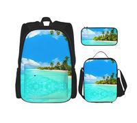 vacsAX Isla con playa de arena y palmera, mochila impermeable ligera (juego de 3 piezas) con bolsa de almuerzo, estuche para lápices para oficina y escuela, Isla Con Playa De Arena Y Palmera, Talla