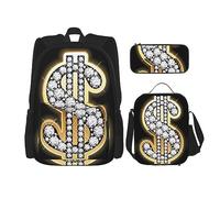 vacsAX Isla con playa de arena y palmera, mochila impermeable ligera (juego de 3 piezas) con bolsa de almuerzo, estuche para lápices para oficina y escuela, Signo de dólar de oro, Talla única