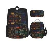 vacsAX Isla con playa de arena y palmera, mochila impermeable ligera (juego de 3 piezas) con bolsa de almuerzo, estuche para lápices para oficina y escuela, Patrón de videojuegos, Talla única