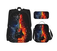vacsAX Isla con playa de arena y palmera, mochila impermeable ligera (juego de 3 piezas) con bolsa de almuerzo, estuche para lápices para oficina y escuela, Guitarra Hielo y Fuego, Talla única