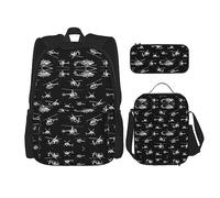 vacsAX Isla con playa de arena y palmera, mochila impermeable ligera (juego de 3 piezas) con bolsa de almuerzo, estuche para lápices para oficina y escuela, Helicóptero, Talla única