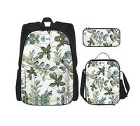 vacsAX Isla con playa de arena y palmera, mochila impermeable ligera (juego de 3 piezas) con bolsa de almuerzo, estuche para lápices para oficina y escuela, Hojas de eucalipto verde, Talla única