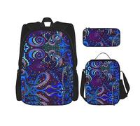 vacsAX Mochila colorida Galaxy Music Note ligera impermeable (juego de 3 piezas) con bolsa de almuerzo, estuche para lápices para oficina y escuela, Pulpo Azul, Talla única