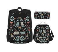 vacsAX Mochila impermeable ligera con diseño de bailarina pequeña bailarina (juego de 3 piezas) con bolsa de almuerzo, estuche para lápices para oficina y escuela, Divertidos gatos pájaros y flores,