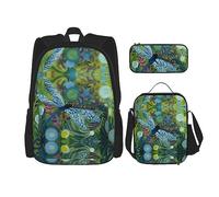 vacsAX Mochila impermeable ligera con diseño de bailarina pequeña bailarina (juego de 3 piezas) con bolsa de almuerzo, estuche para lápices para oficina y escuela, Libélula azul pintada a mano, Talla