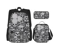 vacsAX Mochila impermeable ligera con diseño de calaveras oscuras horribles (juego de 3 piezas) con bolsa de almuerzo, estuche para lápices para oficina y escuela, Horrible patrón de flores de