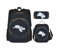 vacsAX Mochila impermeable ligera con diseño de conejo blanco (juego de 3 piezas) con bolsa de almuerzo, estuche para lápices para oficina y escuela, Lindo Conejo Blanco, Talla única