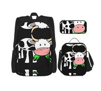 vacsAX Mochila impermeable ligera con diseño de conejo blanco (juego de 3 piezas) con bolsa de almuerzo, estuche para lápices para oficina y escuela, Linda Vaca, Talla única
