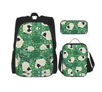 vacsAX Mochila impermeable ligera con diseño de conejo blanco (juego de 3 piezas) con bolsa de almuerzo, estuche para lápices para oficina y escuela, Linda oveja de dibujos animados, Talla única