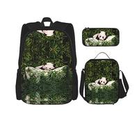vacsAX Mochila impermeable ligera con diseño de conejo blanco (juego de 3 piezas) con bolsa de almuerzo, estuche para lápices para oficina y escuela, Lindo panda pequeño, Talla única