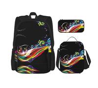 vacsAX Mochila impermeable ligera con diseño de estrellas de arcoíris (juego de 3 piezas) con bolsa de almuerzo, estuche para lápices para oficina y escuela, Música colorida, Talla única