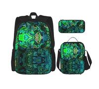 vacsAX Mochila impermeable ligera con diseño de flores moradas y verde azulado (juego de 3 piezas) con bolsa de almuerzo, estuche para lápices para oficina y escuela, Nácar de abulón, Talla única