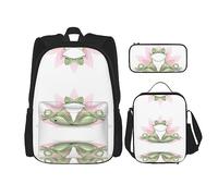 vacsAX Mochila impermeable ligera con diseño de flores moradas y verde azulado (juego de 3 piezas) con bolsa de almuerzo, estuche para lápices para oficina y escuela, Linda rana divertida haciendo