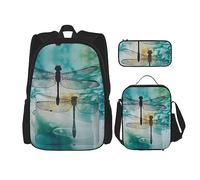 vacsAX Mochila impermeable ligera con diseño de mariposa estrellada azul (juego de 3 piezas) con bolsa de almuerzo, estuche para lápices para oficina y escuela, Libélula de tinta, Talla única