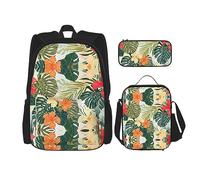 vacsAX Mochila impermeable ligera con diseño de notas musicales vintage (juego de 3 piezas) con bolsa de almuerzo, estuche para lápices para oficina y escuela, Hojas De Vegetación Con Flores De