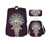 vacsAX Mochila impermeable ligera con diseño de notas musicales vintage (juego de 3 piezas) con bolsa de almuerzo, estuche para oficina y escuela, Elefante de mapa bohemio con, Talla única