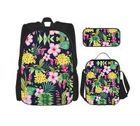 vacsAX Mochila impermeable ligera con diseño de rayas en blanco y negro (juego de 3 piezas) con bolsa de almuerzo, estuche para lápices para oficina y escuela, Flor colorida hawaiana, Talla única