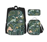 vacsAX Mochila impermeable ligera con diseño de rayas en blanco y negro (juego de 3 piezas) con bolsa de almuerzo, estuche para lápices para oficina y escuela, Lindo dinosaurio., Talla única