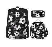 vacsAX Mochila impermeable ligera con diseño de rayas en blanco y negro (juego de 3 piezas) con bolsa de almuerzo, estuche para lápices para oficina y escuela, Fútbol Negro, Talla única