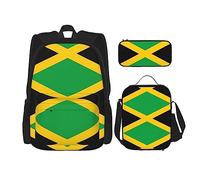 vacsAX Mochila impermeable ligera con diseño de rayas en blanco y negro (juego de 3 piezas) con bolsa de almuerzo, estuche para lápices para oficina y escuela, Bandera de Jamaica, Talla única